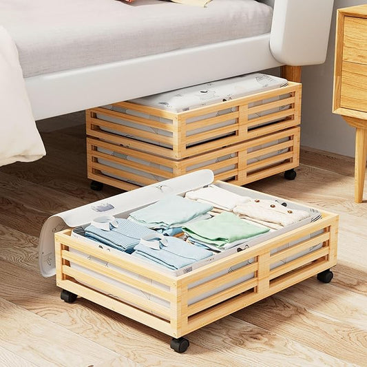 Bamboo Under Bed Storage Containers- Underbed Organizer with Wheels with Large Capacity Dust Bag,Sturdy Wood Rolling Under Bed Shoe Storage Organizer 2 Packs (Nature, 2 Packs (23.62"×16.54"))-NeatNest