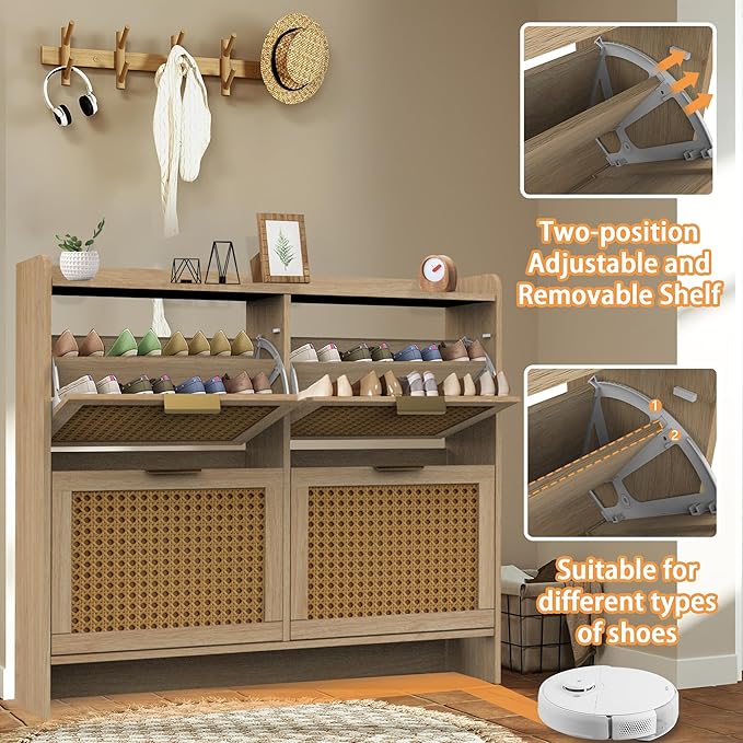 Hidden Shoe Storage Cabinets with 2 Flip Drawers and Metal Legs, Freestanding Narrow Shoe Organizer Rack for Entryway, Natural-NeatNest