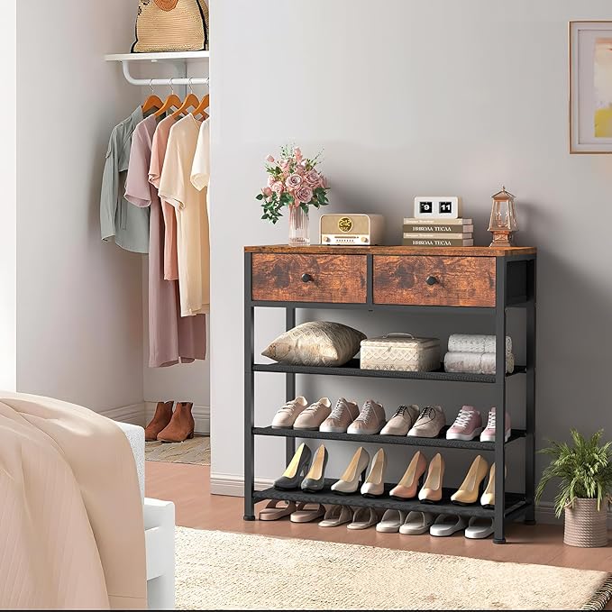 usikey Shoe Rack, 4 Tier Shoe Storage Organizer with 2 Drawers, Metal Shoe Shelf for 9-12 Pairs of Shoes, with 3 Fabric Shelves and Wooden Top, Shoe Stand for Closet Entryway, Rustic Brown-NeatNest