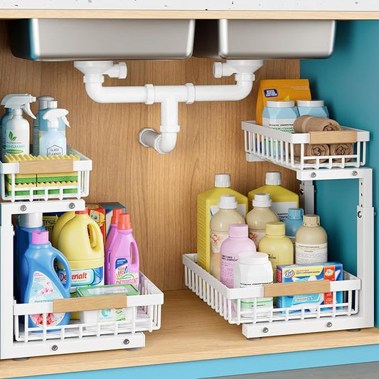 1 Packs Under Sink Organizer,Small Shelf for narrow spaces,2 Tiers Pull Out Under Cabinet Organizer,Adjustable Height,Slide Out Thickened Metal Under White-NeatNest