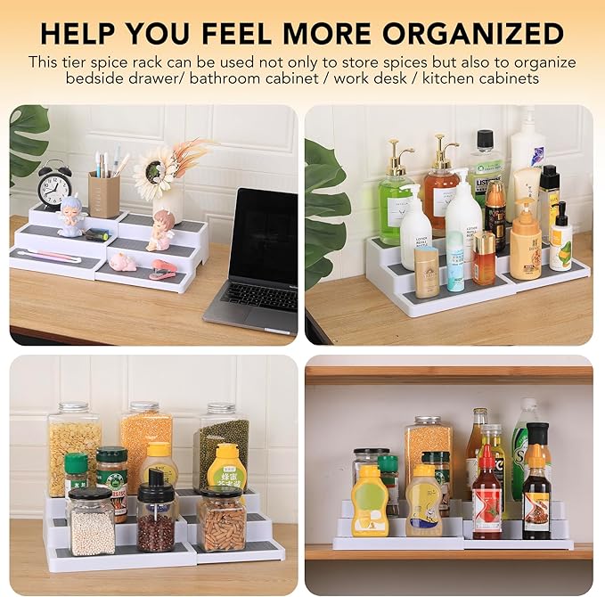 3-Tier Expandable Spice Rack, Plastic Spice Rack Organizer for Cabinet, Adjustable Length, Non-Skid Spice Shelf Organizer for Kitchen Cabinet, Countertop or Pantry, 2 Pack, White/Grey-NeatNest