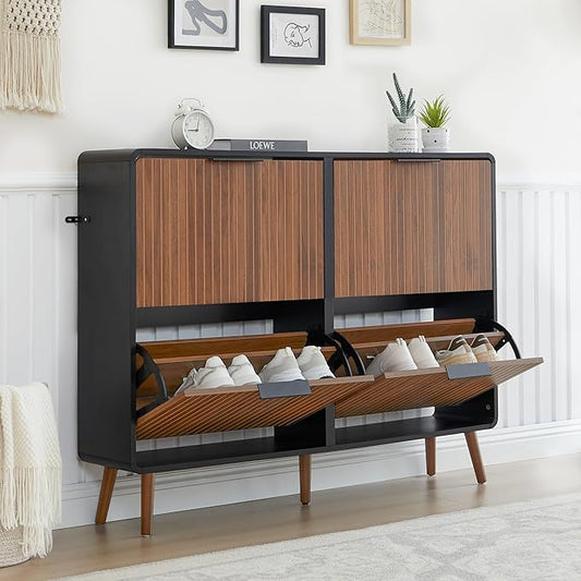 47" Fluted Large Shoe Cabinet with 4 Flip Drawers, Slim Freestanding Shoe Cabinet Organizer, Narrow Shoes Storage Rack for Entryway, 5 Sturdy Legs (Walnut and Black, 9.45" D x 47.24" W x 35.83" H)