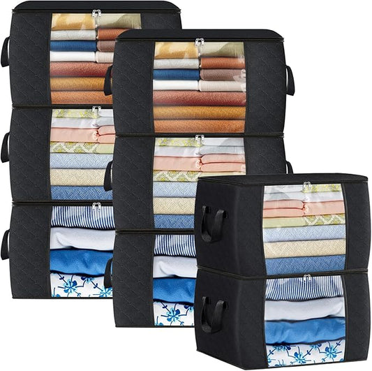 Fab totes 90L Clothes Storage, Foldable Thick Fabric Blanket Storage Bags, Containers for Organizing Bedroom, Closet, Clothing, Comforter, Organization with Handle (8 Pack,Black)-NeatNest