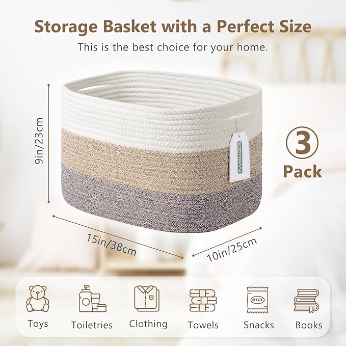 Cotton Rope Storage Basket, 15x10x9 Inches, Woven Basket for Shelves, Clothes, Toys, Towels, Books, and Laundry, Durable and Stylish, White Brown (3 Pack)-NeatNest