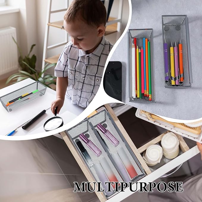 6 Pcs Mesh Silverware Drawer Organizer, Metal Drawer Organizer for Kitchen, Small Utensil Drawers Organizers with Interlocking Arm for Flatware, Knives, Spoons,Cosmetic (Silver 9 * 3 * 2 inch)-NeatNest