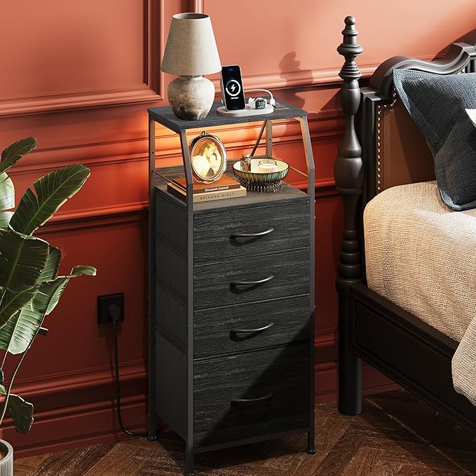 WLIVE Night Stand Set of 2 with Charging Station, Nightstand with LED Light and 4 Storage Fabric Drawers, Tall Dressers for Bedroom, Bedside Tables, Wood Shelf, Metal Frame, Black and Wood Grain Print