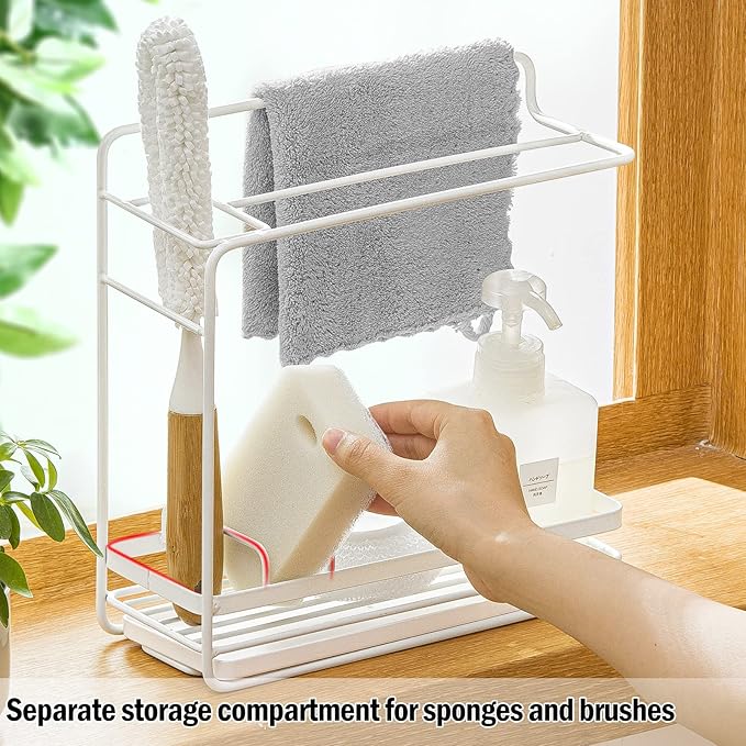 Poeland Sponge Holder with Drain Pan, Kitchen Sink Caddy Organizer for Sponge Brush Soap Dish Dishcloth Rack (Large Size)