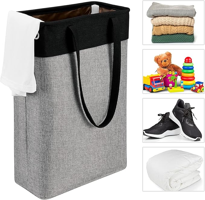 Collapsible Laundry Baskets Double Laundry Hampers Large Foldable Laundry Basket Organizer with Straps Black Gray Cloth Laundry Hamper Patchcwork Laundry Sorter Dirty Clothes Basket, QY-SC23-2-NeatNest