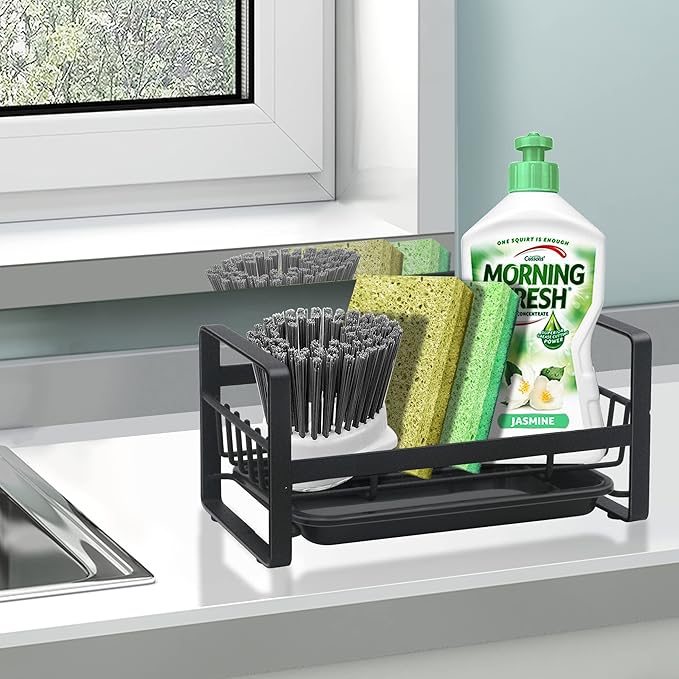 Kitchen Sponge Holder for Sink, Kitchen Sink Caddy Organizer, Sink Tray Drainer Rack, Dish Rags Brush Soap Storage Countertop with Removable Front Drain Pan - Black