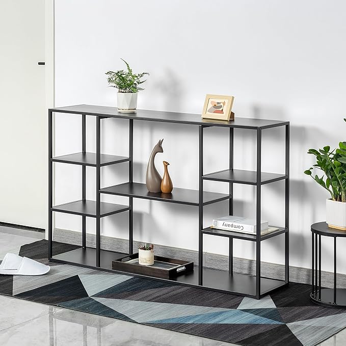 47 Inch Metal Console Table with 8 Storage Shelves,Extra Long Entryway Table,Narrow Sofa Table,Hallway Table for Entrances to Corridor,Foyer,Living Room (Black, 47.24×11.81×31.5in)-NeatNest