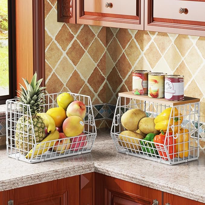 White Fruit Bowl Wire Basket Storage Pantry Fruit and Vegetable Storage Fruit Basket for Kitchen Counter Stackable Wall Mounted Hanging Basket Wire Basket with Wood Lid with Hanger Hooks