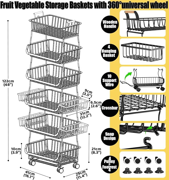 MURRI&MURRDI 6 Tier Stackable Wire Storage Baskets with Wheels, Black, Kitchen Fruit Vegetable Storage Cart