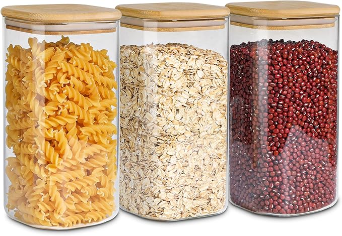 ComSaf Airtight Glass Storage Canister with Wood Lid (1.6 Qt), Clear Food Storage Container Jar with Sealing Lids for Oat Pasta Flour Cereal Rice Sugar Tea Coffee Beans, Set of 3 Square Cookie Jar-NeatNest