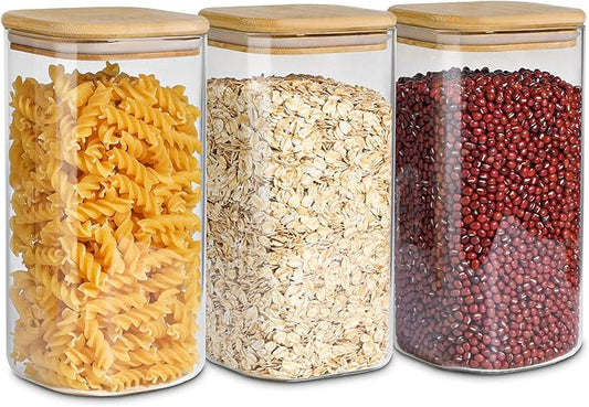 ComSaf Airtight Glass Storage Canister with Wood Lid (1.6 Qt), Clear Food Storage Container Jar with Sealing Lids for Oat Pasta Flour Cereal Rice Sugar Tea Coffee Beans, Set of 3 Square Cookie Jar-NeatNest