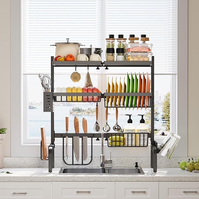 Over The Sink Dish Drainer Drying Rack,Large Over Sink Dish Drying Rack,3 Tier Dish Rack Over Sink Counter with Storage Baskets,Above Sink Dryer Racks with Adjustable Size L(25.19"-37.4")*H30.9"