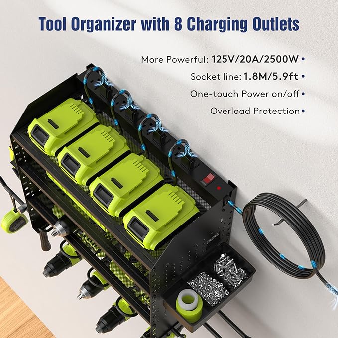 Heavy Duty Power Tool Organizer Wall Mount with Charging Station, 4 Layer Garage Storage Adjustable Shelves Height, Holds 4 Drills, 2 Hooks, Screw & Screwdriver box, Gifts for Fathers Day, Anniversary