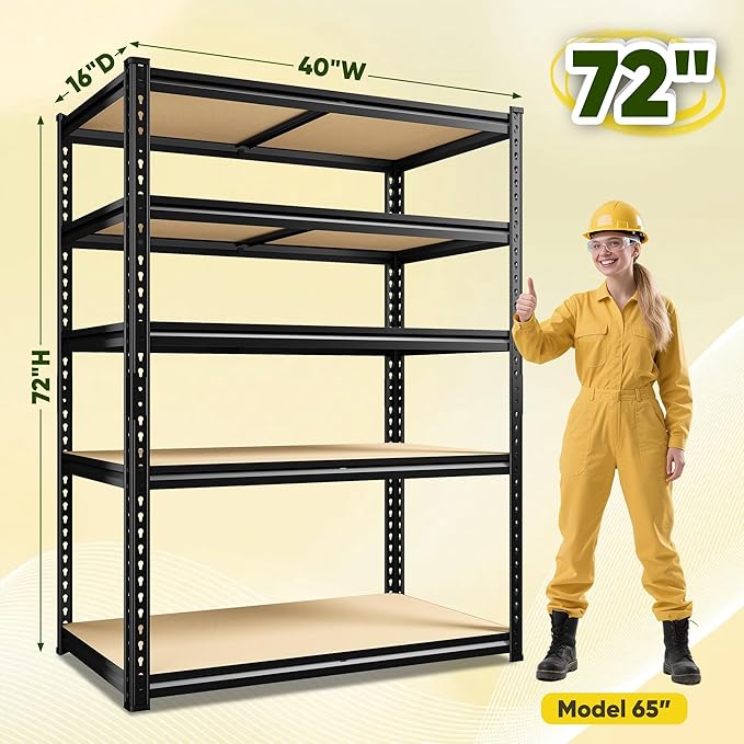 72" H Garage Shelving, 5 Tier Storage Shelves Load 2500 lbs, Adjustable Garage Shelves, Metal Shelving Unit for Warehouse, Basement, Pantry, 40" Wx 16" D x 72" H, Black-NeatNest