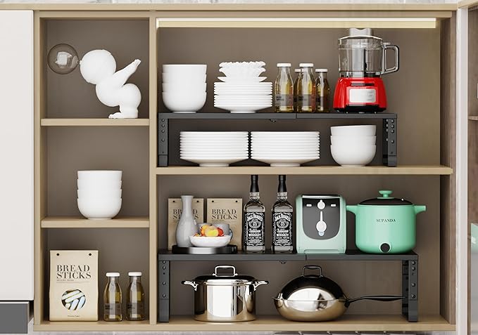 Expandable Stackable Spice Rack Organizer for Kitchen Cabinet,Adjustable Counter Shelf, countertop, Pantry,Cupboard,Bathroom,Bedroom(3Packs/Black/Large)-NeatNest