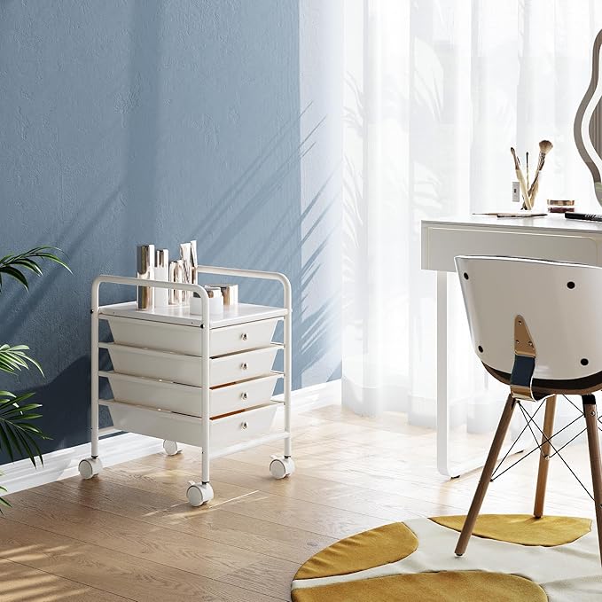 4-Tier Utility Cart with 4 Drawers, Rolling Utility Cart with 2 Lockable Caster Wheels, Multipurpose Mobile Rolling Drawer Cart for Office Bathroom Kitchen, Ivory White