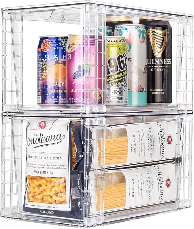 1Pack Large Stackable Kitchen Storage Drawers, Clear Foods Organizer Bins with Handles, Easily Assemble for Bathroom, Kitchen, Pantry, Cabinet, Closet(XL-UP Handle)-NeatNest