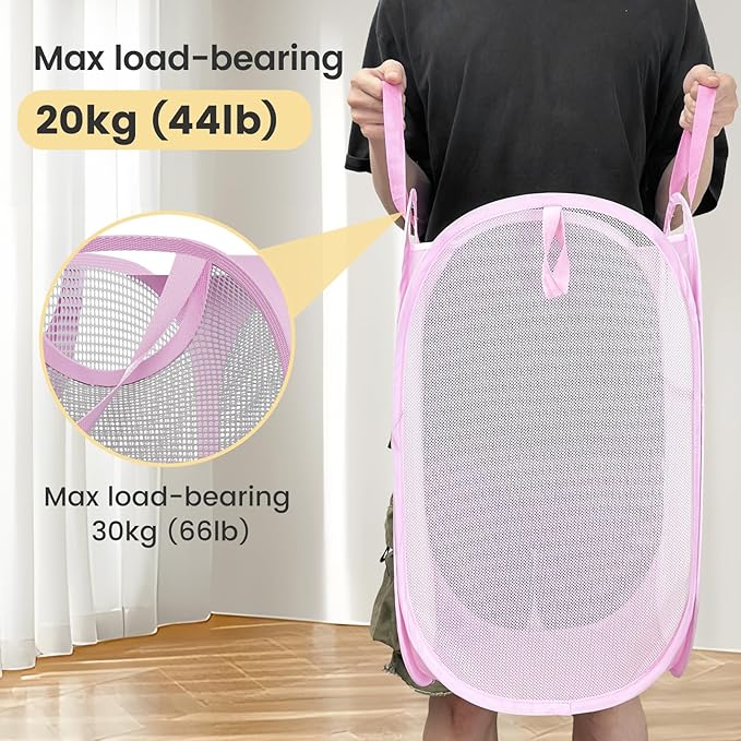 2 Pack Strong Mesh Pop-up Laundry Hamper, Quality Pop Up Hampers for Laundry with Durable Handles Solid Bottom High Carbon Steel Frame, Easy to Open and Fold Flat for Storage(Light Pink)-NeatNest