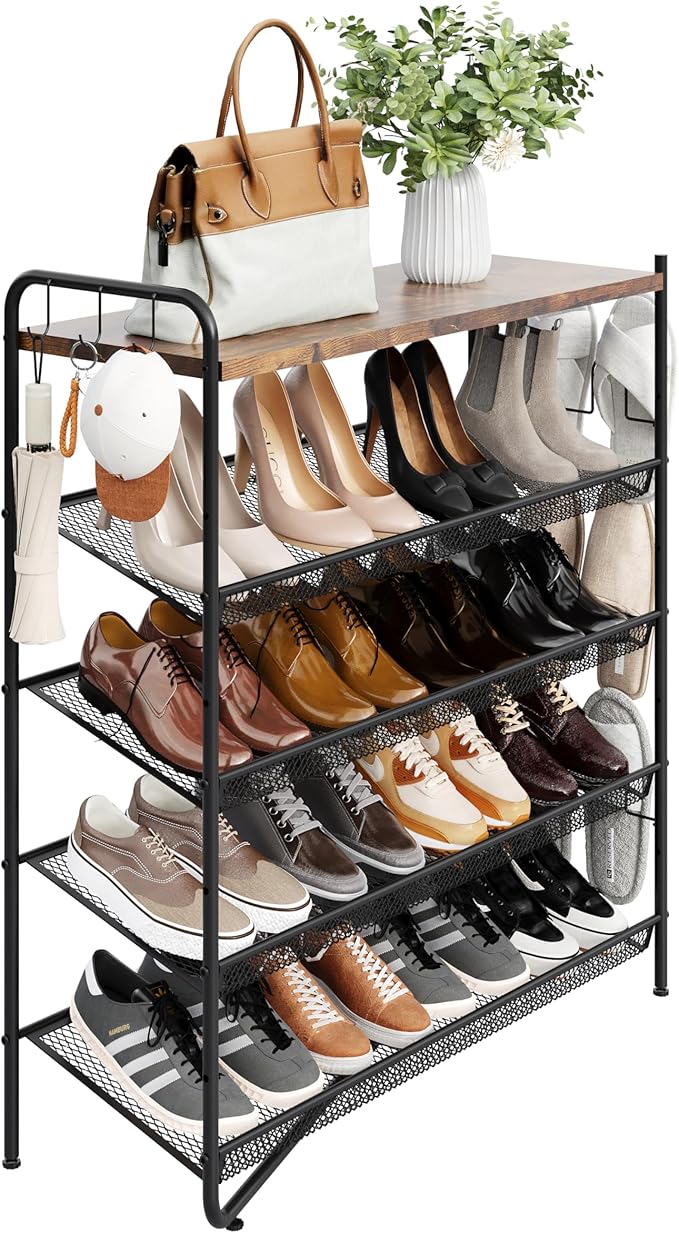 5 Tier Shoe Rack for Entryway, Metal Shoe Rack Organizer Holds 20 Pairs Shoes, Front Door Shoe Storage with Rustic Brown Wooden Top, Vertical shoe rack for Space Saving Shoe Organizer (5-Tiers)-NeatNest