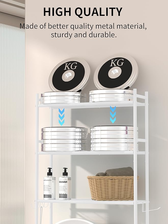 3-Tier Over The Toilet Storage, Space Saver Metal Bathroom Shelves, Freestanding Above Over Toilet Storage Shelf with 4 Hooks for Bathroom, White-NeatNest
