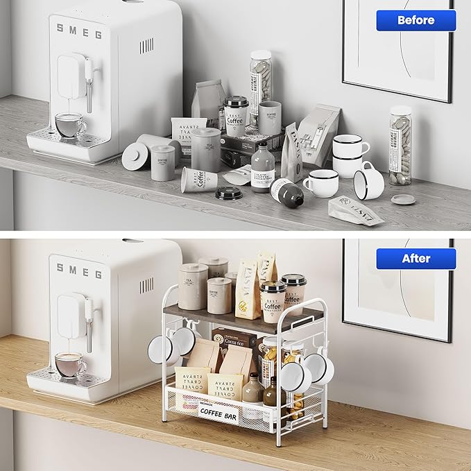 Coffee Bar Organizer for Countertop Station, Simple Assembly 2 Tier Shelf for Home,Office, Coffee Cup Holder Storage Organization for Counter Accessory Storage Rack with 4 Hooks Space-Saving-NeatNest