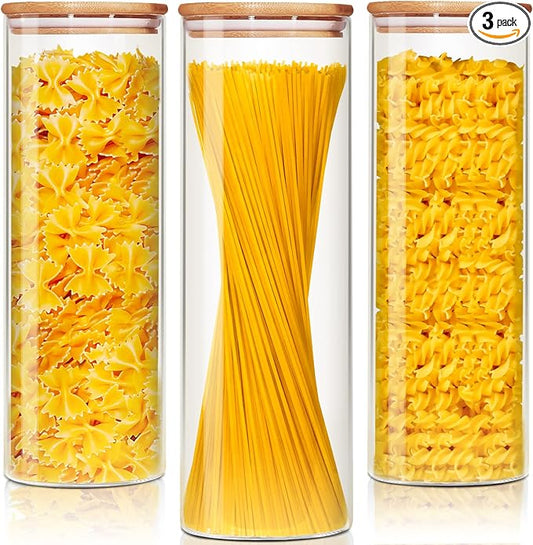 Glass Jars with Bamboo Lids 79 FL OZ [Set of 3], Glass Canisters with Airtight Lids, Glass Food Storage Containers for Spaghetti, Fettuccine, Linguine,Pasta, Best for Kitchen & Pantry-NeatNest