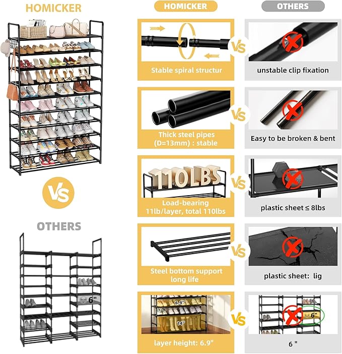 10-Tier Shoe Organizer - Large Metal Shoe Rack with Hooks, Fits 40-50 Pairs, Ideal for Closet, Entryway, Garage, Bedroom-NeatNest