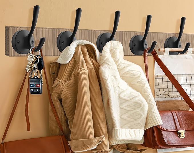 Black Towel Hooks for Wall, 5 Pack Coat Robe Hook Heavy Duty Metal Double Bath Hook Wall Mounted, Hat Hooks for Cubicle Bathroom Kitchen Closet Garage-NeatNest