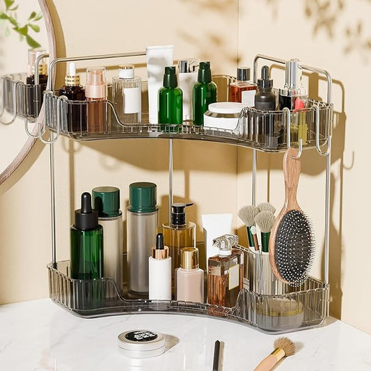 Makeup Organizer for Vanity 2 Tier Bathroom Organizers and Storage Countertop with Hooks Skin Care Exquisite Vanity Organizers Corner Bathroom Counter Storage-Cray-NeatNest