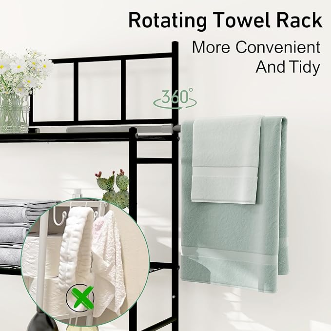 3-Tier Over The Toilet Storage Rack, Freestanding Bathroom Shelves Organizer with Hooks and Toilet Paper Holder, Space Saver Metal Shelf for Small Bathroom, Black