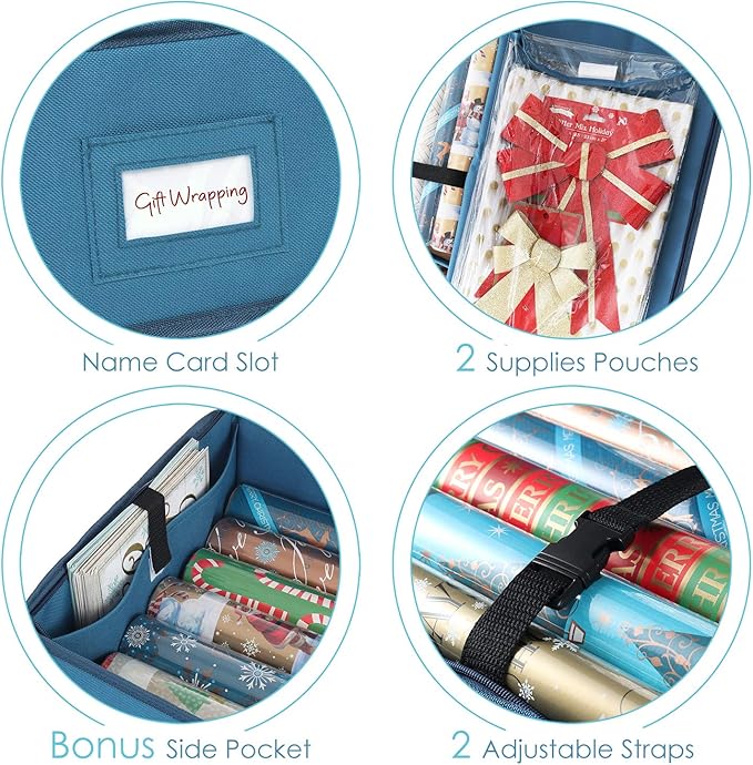 Hearth & Harbor Wrapping Paper Storage Container and Clear Wrap Paper Holder - Christmas Storage Bag with Interior Pockets - Fits Up to 36 Rolls of 40" - Tear Proof, Blue-NeatNest