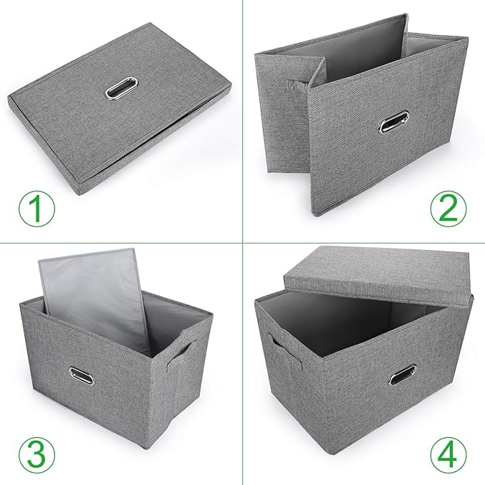 Large Linen Fabric Foldable Storage Bins with Removable Lid and Handles, Washable Storage Box Organizer Containers Baskets Cube with Cover for Bedroom,Office(Black, Small)-NeatNest