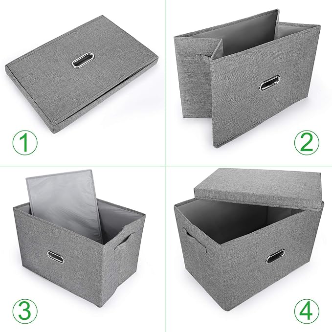 Large Linen Fabric Foldable Storage Bins with Removable Lid and Handles, Washable Storage Box Organizer Containers Baskets Cube with Cover for Bedroom,Office (Khaki, Extra Large(2-Pack))