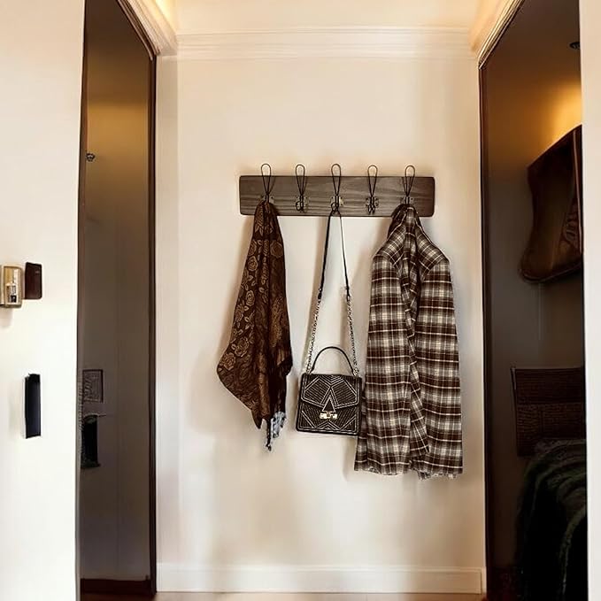 Coat Hanger Wall Mount - 24 Inch Coat Rack with 5 Hooks, Rustic Farmhouse, Handcrafted Pine, Bag, Dog Leash Holder for Wall, Durable Entryway Organizer, Expresso Finish-NeatNest