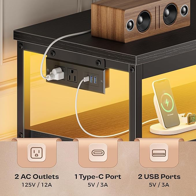 Huuger LED TV Stand for Bedroom, 55 Inch Fabric Dresser with Power Outlets, Entertainment Center for 60, 55, 50 Inch TV, 6 Drawer Dresser for Bedroom, Chest of Drawers with Shlef, PU Leather, Black-NeatNest