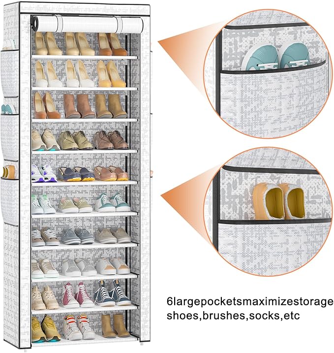 Shoes Rack 10 Tier Tall Shoe Rack with Storage Pockets, Fabric Covered Shoe Racks,Metal Shoes Rack Organizer for Closets,Bedroom, Garage-NeatNest