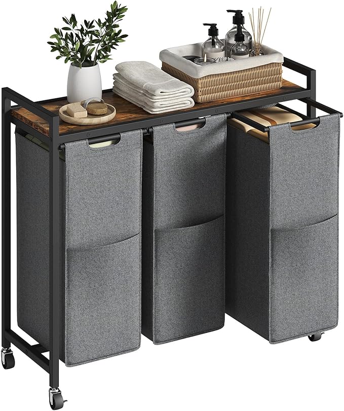 HOOBRO Laundry Sorter 3 Section, Laundry Hamper with Wheels, 3 × 11.5 Gal (43.4L), Rolling Laundry Basket, Pull-Out and Removable Oxford Fabric Laundry Bags, Rustic Brown and Grey BFG76XY01-NeatNest