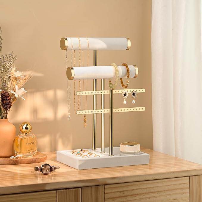 3 Tier Bracelet Holder Display - Detachable T Bar White Velvet Bracelet Holder, Jewelry Holder Organizer for Bracelet, Necklace, Earrings, Rings