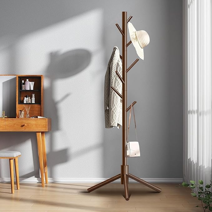 Wooden Coat Rack, Free Standing Coat Rack with 8 Hooks 3 Adjustable Heights for Clothes, Hats, Handbags, Coat Tree Easy Assembly for Entryway, Bedroom, Hallway, Office (New Brown)-NeatNest