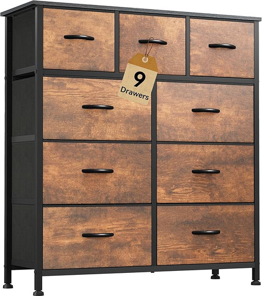 DWVO Dresser with 9 Drawers - Fabric Storage Tower, Organizer Unit for Living Room, Hallway - Sturdy Steel Frame, Wooden Top & Easy Pull Fabric Bins-NeatNest