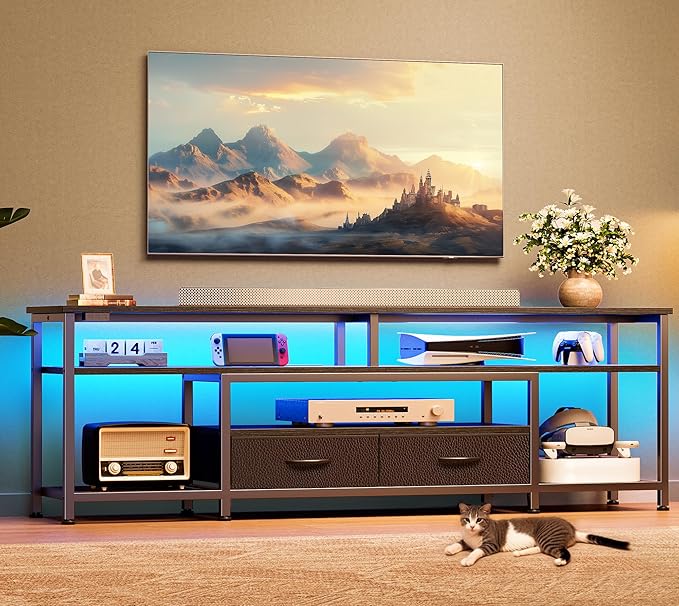 Huuger TV Stand for 65 70 Inch TV, Entertainment Center with Power Outlets and LED Lights, TV Console for Living Room, Media Console with Drawers and Shelves, Black-NeatNest
