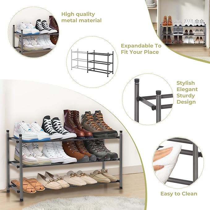 Shoe Rack, Expandable Shoe Storage Organizer for Closet, 3 Tier Metal Shoe Rack for Entryway, Adjustable Small Shoe Shelf for Front Door Entrance, Small Space, Garage-NeatNest