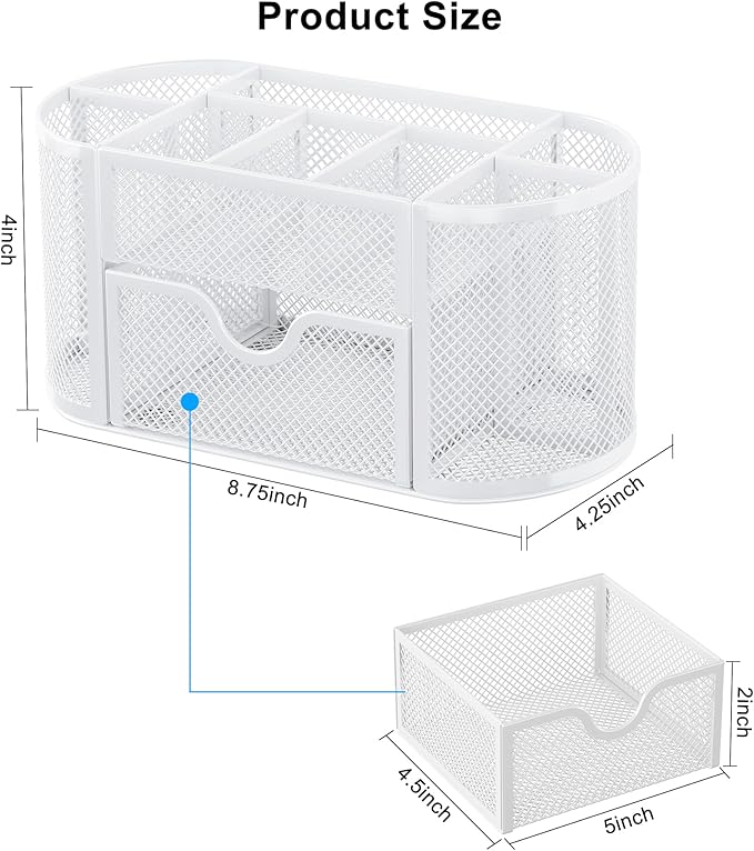 EasyPAG Mesh Desk Organizer, Multi-functional Stationery Organizer for School Supplies, Office Pen Holder for Desk, 9 Compartments Dorm Organization with Drawer, White