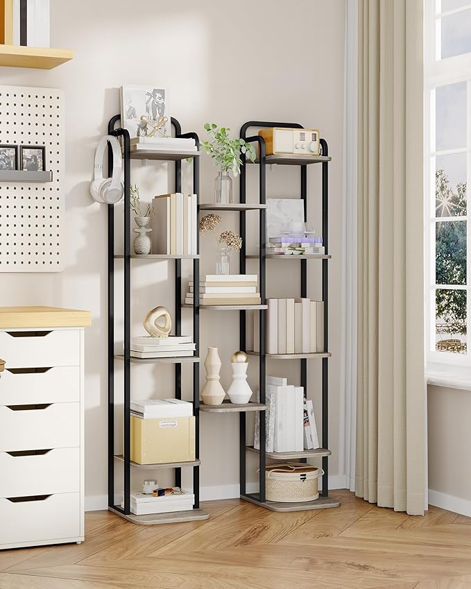 8 Tiers Vertical Shoe Rack, Narrow Shoe Tower, Tall Shoes Shelf with 2 Hooks, Adjustable Shelves, Corner Shoes Shelves for Small Spaces, Entryway, Living Room, Greige SR04305B-NeatNest