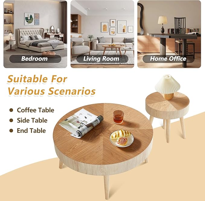 Farmhouse Round Coffee Table Set of 2, Rustic Sofa Side End Tables w/Wood Finish, Nesting End Table Set for Living Room, Bedroom (Natural)