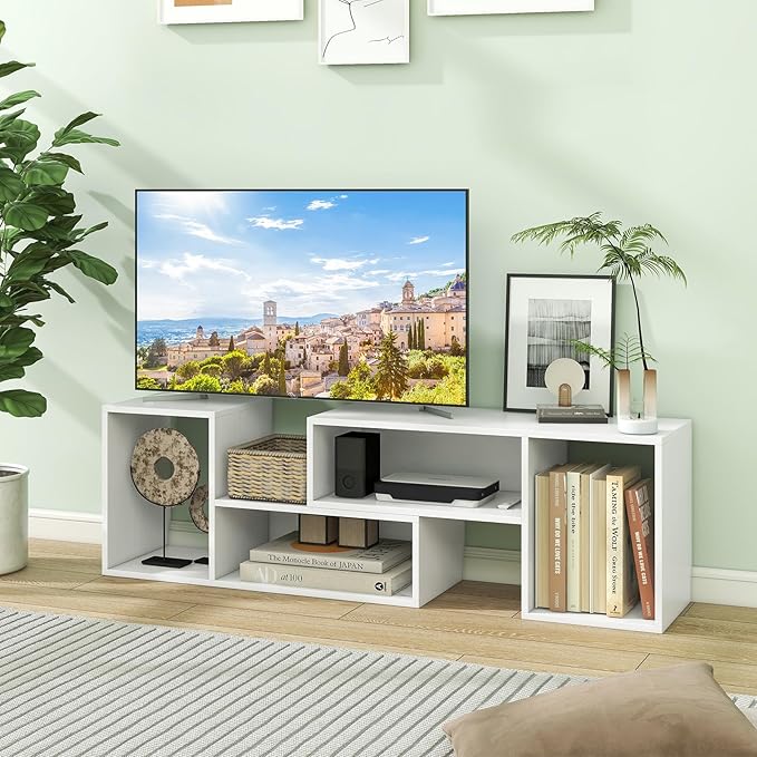 GOFLAME 2 Pieces TV Stand, Modern Entertainment Center for TVs up to 55 Inches, Free Combination Bookcase for Storage & Display, TV Console Table for Living Room, Bedroom, White-NeatNest