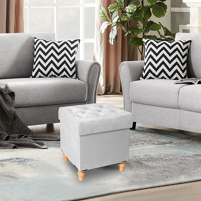 CAROLMADE Folding Storage Ottoman Cube Velvet Footstool with Wood Legs Ottoman Footrest for Living Room and Bedroom, Grey 15"x12.6"x15.4”-NeatNest